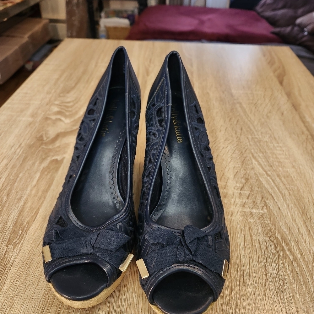 Kelly & Katie Navy Blue Peep-Toe Heels with Gold Accents